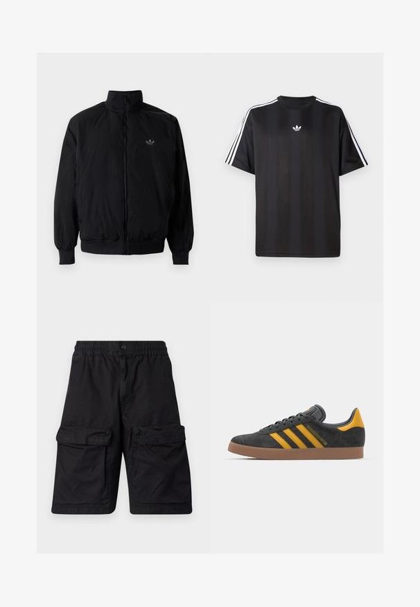 Black zipped jacket with high collar, made of lightweight material. Features elastic cuffs and waistband, with a small logo on the upper left.; Black short-sleeve t-shirt with white three-stripe detailing on shoulders and a small white logo on the chest. Smooth fabric texture.; Black shorts made of durable fabric with an elastic waistband, two large cargo pockets on each side, and stitched detailing.; Black suede sneaker with yellow accents, featuring three stripes and a brown rubber sole. Includes a padded tongue for comfort.