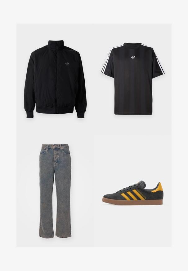 Crna jakna na zip s visokim ovratnikom, izrađena od laganog materijala. Ima elastične manžete i pojas, s malim logotipom na gornjem lijevom dijelu.; Crna majica kratkih rukava s bijelim trostrukim detaljima na ramenima i malim bijelim logotipom na prsima. Glatka tekstura tkanine.; Široke traperice u izblijedjelo plavoj denimu, s klasičnim dizajnom s pet džepova, petljama za remen i prednjim kopčanjem na dugme. Glatka tekstura i ravni kroj.; Crne nubuk tenisice s žutim detaljima, sa tri pruge i smešnim gumenim potplatom. Imaju jastučić na jeziku za udobnost.
