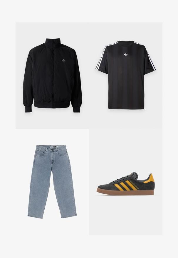 Giacca nera con zip e colletto alto, realizzata in materiale leggero. Presenta polsini e vita elastici, con un piccolo logo in alto a sinistra.; Maglietta nera a maniche corte con dettagli bianchi a tre strisce sulle spalle e un piccolo logo bianco sul petto. Tessuto dalla texture liscia.; Jeans in denim azzurro chiaro a gamba larga con chiusura a bottone, cinque tasche e gambe dritte. Tessuto morbido, leggero sbiadimento e cuciture pulite.; Sneaker in suede nero con dettagli gialli, dotato di tre strisce e una suola in gomma marrone. Include una linguetta imbottita per il comfort.