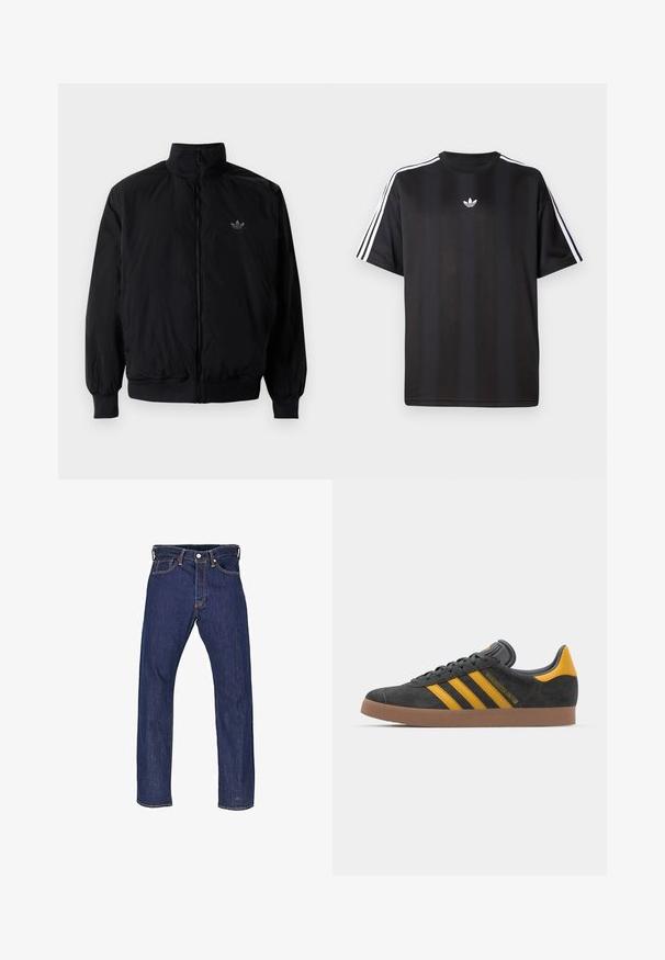 Black zipped jacket with high collar, made of lightweight material. Features elastic cuffs and waistband, with a small logo on the upper left.; Black short-sleeve t-shirt with white three-stripe detailing on shoulders and a small white logo on the chest. Smooth fabric texture.; Dark blue denim jeans with a straight-leg fit, five pockets, and contrast stitching. Features a button fly and metal rivets.; Black suede sneaker with yellow accents, featuring three stripes and a brown rubber sole. Includes a padded tongue for comfort.
