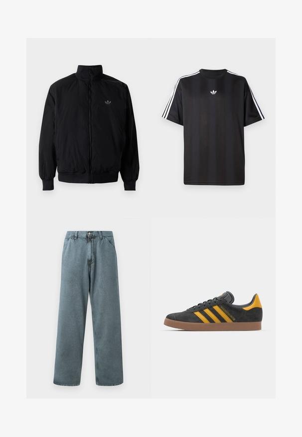 Čierna zips kombinéza s vysokým golierom, vyrobená z ľahkého materiálu. Obsahuje elastické manžety a pás, s malým logom na hornej ľavej strane.; Čierne tričko s krátkym rukávom a bielymi trojpruhmi na pleciach a malým bielym logom na hrudi. Hladká textúra látky.; Svetlomodré džínsy s rovnými nohavicami, majú klasické zapínanie na gombík a dizajn s piatimi vreckami. Mäkká textúra a minimálne švy.; Čierne semišové tenisky so žltými akcentmi, ktoré majú tri pruhy a hnedú gumovú podrážku. Obsahujú vypolstrovaný jazyk pre pohodlie.