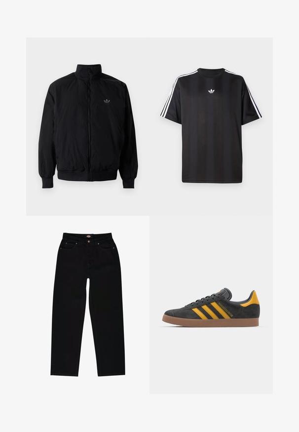 Černá zipová bunda s vysokým límcem, vyrobená z lehkého materiálu. Má elastické manžety a pas, s malým logem na horní levé straně.; Černé tričko s krátkým rukávem s bílými třemi pruhy na ramenou a malým bílým logem na hrudi. Hladká textilie.; Černé džínové kalhoty rovného střihu, s pěti kapsami, hnědým prošíváním a zapínáním na zip. Hladká textilie a odolný materiál.; Černé semišové tenisky se žlutými akcenty, vybavené třemi pruhy a hnědou gumovou podrážkou. Obsahují polstrovaný jazyk pro pohodlí.