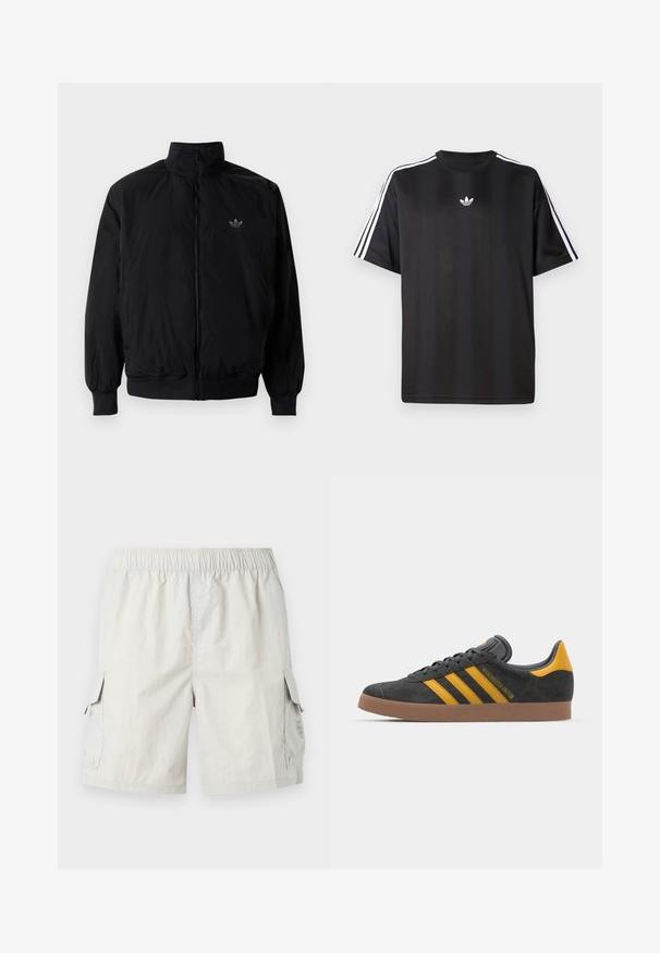Black zipped jacket with high collar, made of lightweight material. Features elastic cuffs and waistband, with a small logo on the upper left.; Black short-sleeve t-shirt with white three-stripe detailing on shoulders and a small white logo on the chest. Smooth fabric texture.; Light gray cargo shorts with an elastic waistband, featuring two side pockets and a subtle logo on the left pocket.; Black suede sneaker with yellow accents, featuring three stripes and a brown rubber sole. Includes a padded tongue for comfort.