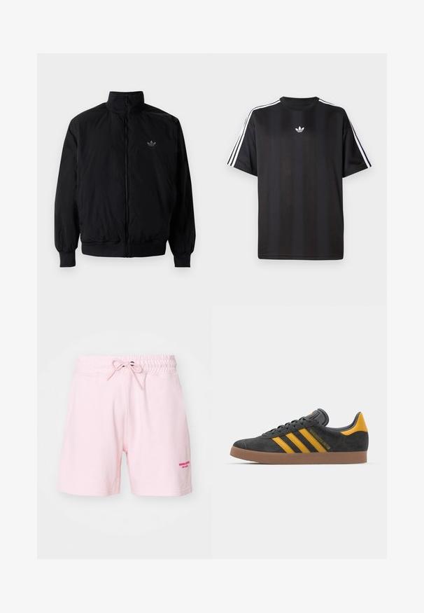 Black zipped jacket with high collar, made of lightweight material. Features elastic cuffs and waistband, with a small logo on the upper left.; Black short-sleeve t-shirt with white three-stripe detailing on shoulders and a small white logo on the chest. Smooth fabric texture.; Light pink cotton shorts with an elastic waistband and drawstring. Features embroidered text in darker pink on the front right.; Black suede sneaker with yellow accents, featuring three stripes and a brown rubber sole. Includes a padded tongue for comfort.