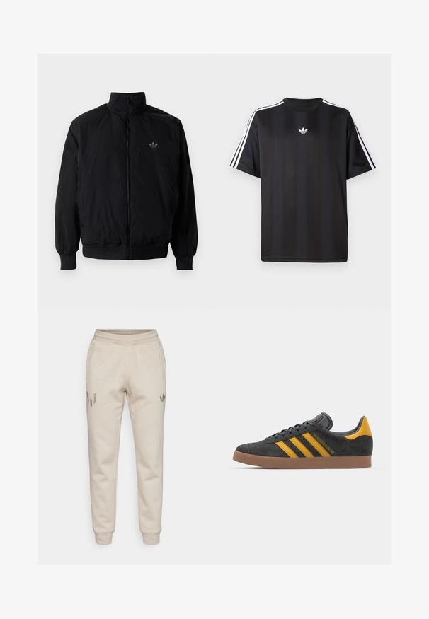 Black zipped jacket with high collar, made of lightweight material. Features elastic cuffs and waistband, with a small logo on the upper left.; Black short-sleeve t-shirt with white three-stripe detailing on shoulders and a small white logo on the chest. Smooth fabric texture.; Beige sweatpants with a textured finish. Features an elastic waistband and tapered legs. Notable logos on the left thigh and right pocket.; Black suede sneaker with yellow accents, featuring three stripes and a brown rubber sole. Includes a padded tongue for comfort.