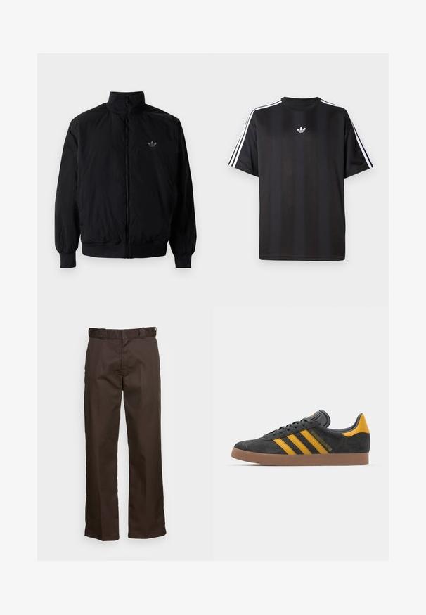 Black zipped jacket with high collar, made of lightweight material. Features elastic cuffs and waistband, with a small logo on the upper left.; Black short-sleeve t-shirt with white three-stripe detailing on shoulders and a small white logo on the chest. Smooth fabric texture.; Brown trousers with a straight-leg cut, featuring a flat front, belt loops, and a smooth texture. Simple design without patterns or accents.; Black suede sneaker with yellow accents, featuring three stripes and a brown rubber sole. Includes a padded tongue for comfort.