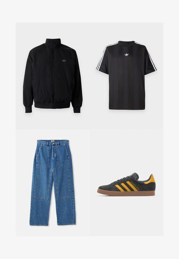 Černá zipová bunda s vysokým límcem, vyrobená z lehkého materiálu. Má elastické manžety a pas, s malým logem na horní levé straně.; Černé tričko s krátkým rukávem s bílými třemi pruhy na ramenou a malým bílým logem na hrudi. Hladká textilie.; Modré džíny s širokými nohavicemi mají vysoký pas, velké přední kapsy a jedinečný design s aplikacemi včetně viditelného šití a kovových doplňků.; Černé semišové tenisky se žlutými akcenty, vybavené třemi pruhy a hnědou gumovou podrážkou. Obsahují polstrovaný jazyk pro pohodlí.