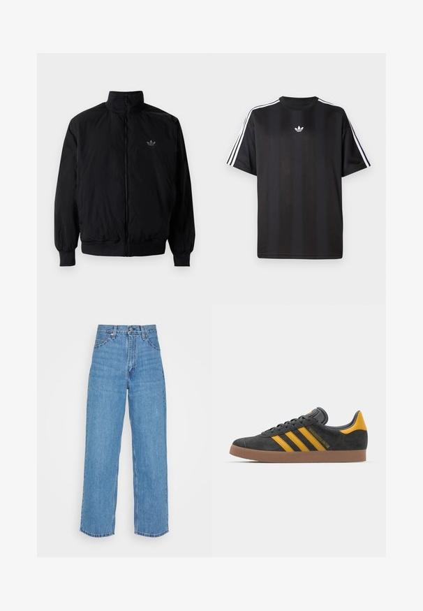 Black zipped jacket with high collar, made of lightweight material. Features elastic cuffs and waistband, with a small logo on the upper left.; Black short-sleeve t-shirt with white three-stripe detailing on shoulders and a small white logo on the chest. Smooth fabric texture.; Light blue denim jeans with a high waist and a wide-leg fit. Features include five pockets, metal button closure, and a straight hem.; Black suede sneaker with yellow accents, featuring three stripes and a brown rubber sole. Includes a padded tongue for comfort.