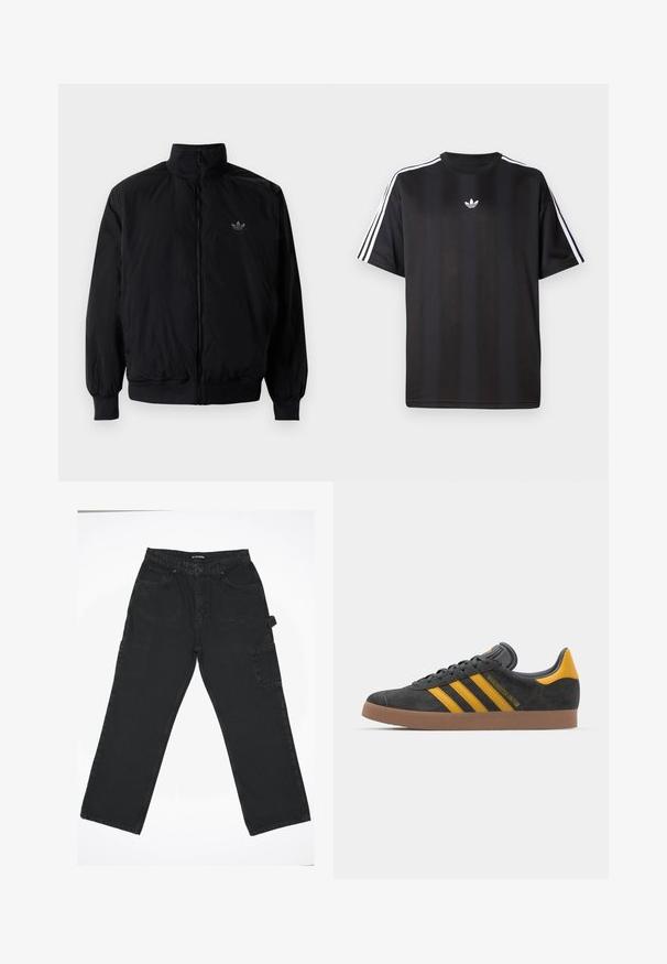 Černá zipová bunda s vysokým límcem, vyrobená z lehkého materiálu. Má elastické manžety a pas, s malým logem na horní levé straně.; Černé tričko s krátkým rukávem s bílými třemi pruhy na ramenou a malým bílým logem na hrudi. Hladká textilie.; Černé džíny se střihem rovného nohavice, s předním zapínáním na knoflík, zadními kapsami a boční kapsou na cargo.; Černé semišové tenisky se žlutými akcenty, vybavené třemi pruhy a hnědou gumovou podrážkou. Obsahují polstrovaný jazyk pro pohodlí.