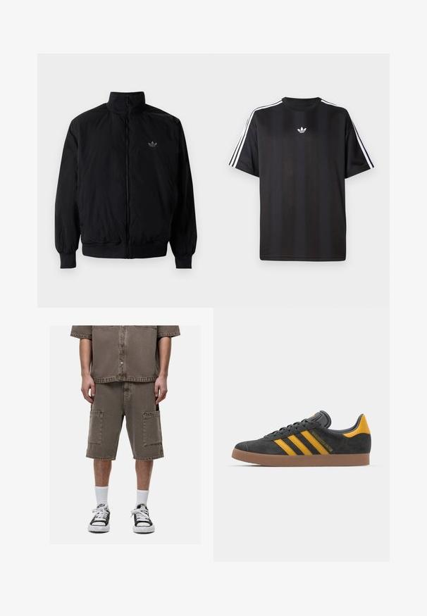 Zwarte geluiting jack met hoge kraag, gemaakt van lichtgewicht materiaal. Voorzien van elastische manchetten en tailleband, met een klein logo op de linkerbovenkant.; Zwarte t-shirt met korte mouwen, voorzien van een witte drievoudige streep op de schouders en een klein wit logo op de borst. Glad textiel.; Bruine denim overhemd met korte mouwen en knopen, gecombineerd met bijpassende cargoshorts met twee grote voorzakken, gedragen met witte gemêleerde sokken en zwarte sneakers.; Zwarte suède sneakers met gele accenten, voorzien van drie strepen en een bruine rubberen zool. Inclusief een gevoerde tong voor comfort.