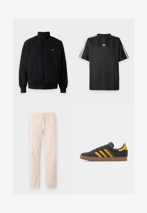 Čierna zips kombinéza s vysokým golierom, vyrobená z ľahkého materiálu. Obsahuje elastické manžety a pás, s malým logom na hornej ľavej strane.; Čierne tričko s krátkym rukávom a bielymi trojpruhmi na pleciach a malým bielym logom na hrudi. Hladká textúra látky.; Svetlo béžové nohavice vyrobené z mäkkej tkaniny, s elastickým pásom so šnúrkou a rovnými nohami. Hladká textúra, bez vzorov.; Čierne semišové tenisky so žltými akcentmi, ktoré majú tri pruhy a hnedú gumovú podrážku. Obsahujú vypolstrovaný jazyk pre pohodlie.