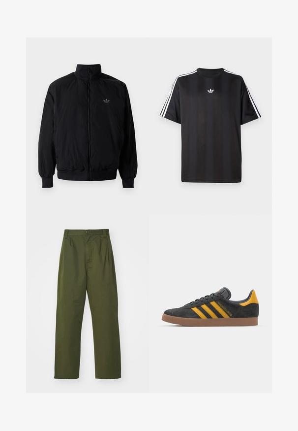 Sort lynlåsjakke med høj krave, fremstillet af letvægtsmateriale. Har elastiske manchetter og talje, med et lille logo på øverste venstre side.; Sort kortærmet t-shirt med hvid tre-stribe detaljer på skuldrene og et lille hvidt logo på brystet. Glat stofstruktur.; Olivengrønne, høj talje bukser med lige ben design. Fremstillet af et letvægtsmateriale, med frontplisser og knaplukning.; Sort suedet sneaker med gule accenter, der har tre striber og en brun gummisål. Inkluderer en polstret tunge for komfort.
