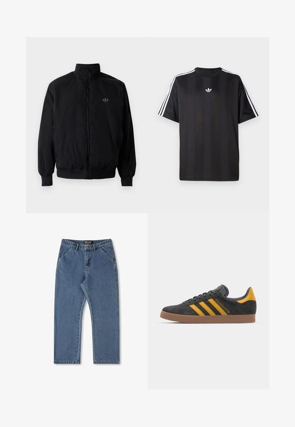 Chaqueta negra con cremallera y cuello alto, hecha de material ligero. Cuenta con puños y cinturilla elásticos, y un pequeño logo en la parte superior izquierda.; Camiseta negra de manga corta con detalles de tres rayas blancas en los hombros y un pequeño logo blanco en el pecho. Textura de tela suave.; Jeans de mezclilla azul con un diseño de pierna recta, cintura de altura media y estilo clásico de cinco bolsillos. Presenta un ligero desgaste y detalles de costura.; Zapatillas de ante negro con acentos amarillos, que presentan tres franjas y una suela de goma marrón. Incluyen una lengüeta acolchada para mayor comodidad.