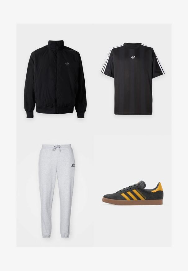 Black zipped jacket with high collar, made of lightweight material. Features elastic cuffs and waistband, with a small logo on the upper left.; Black short-sleeve t-shirt with white three-stripe detailing on shoulders and a small white logo on the chest. Smooth fabric texture.; Light gray sweatpants with a drawstring waistband, elastic cuffs, and a small navy logo on the left thigh. Soft, textured fabric.; Black suede sneaker with yellow accents, featuring three stripes and a brown rubber sole. Includes a padded tongue for comfort.