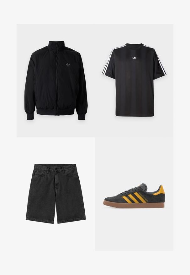 Czarna kurtka zapinana na zamek z wysokim kołnierzem, wykonana z lekkiego materiału. Posiada elastyczne mankiety i pas, oraz małe logo na górnej lewej stronie.; Czarna koszulka z krótkim rękawem z białymi, trzema paskami na ramionach oraz małym białym logotypem na klatce piersiowej. Gładka tekstura materiału.; Czarne dżinsowe szorty o prostym kroju nogawki, z pięcioma kieszeniami i zapięciem na guzik. Gładka tekstura z minimalnym blaknięciem i detalami przeszyć.; Czarne zamszowe sneakersy z żółtymi akcentami, z trzema paskami i brązową gumową podeszwą. Posiadają wyściełany język dla większego komfortu.
