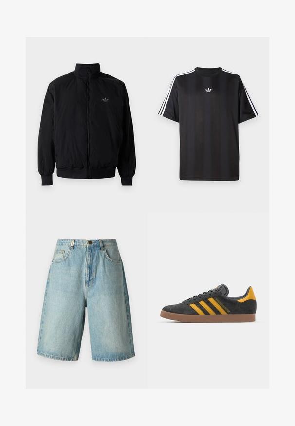 Black zipped jacket with high collar, made of lightweight material. Features elastic cuffs and waistband, with a small logo on the upper left.; Black short-sleeve t-shirt with white three-stripe detailing on shoulders and a small white logo on the chest. Smooth fabric texture.; Light blue denim shorts with a relaxed fit, featuring front pockets, a button closure, and faded wash with subtle whiskering details.; Black suede sneaker with yellow accents, featuring three stripes and a brown rubber sole. Includes a padded tongue for comfort.