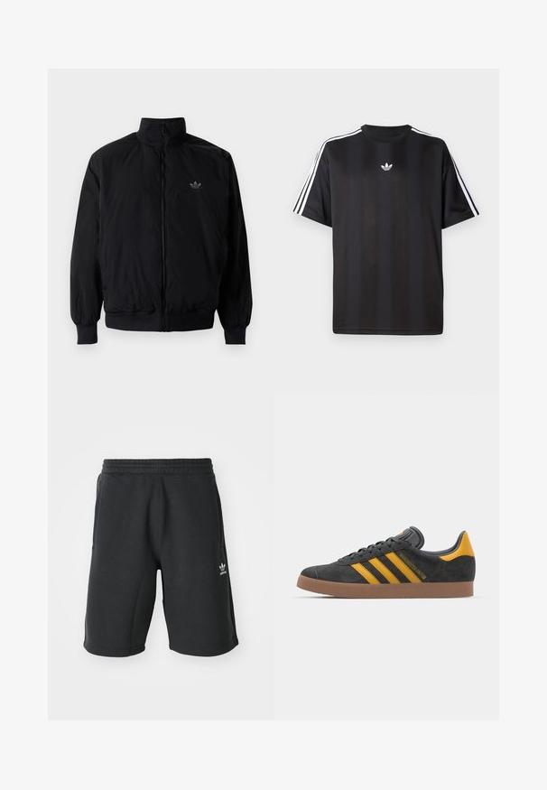 Černá zipová bunda s vysokým límcem, vyrobená z lehkého materiálu. Má elastické manžety a pas, s malým logem na horní levé straně.; Černé tričko s krátkým rukávem s bílými třemi pruhy na ramenou a malým bílým logem na hrudi. Hladká textilie.; Černé dresové kraťasy s elastickým páskem, bočními kapsami a bílým logem Adidas na dolním levém rohu. Měkká tkanina a délka ke kolenům.; Černé semišové tenisky se žlutými akcenty, vybavené třemi pruhy a hnědou gumovou podrážkou. Obsahují polstrovaný jazyk pro pohodlí.