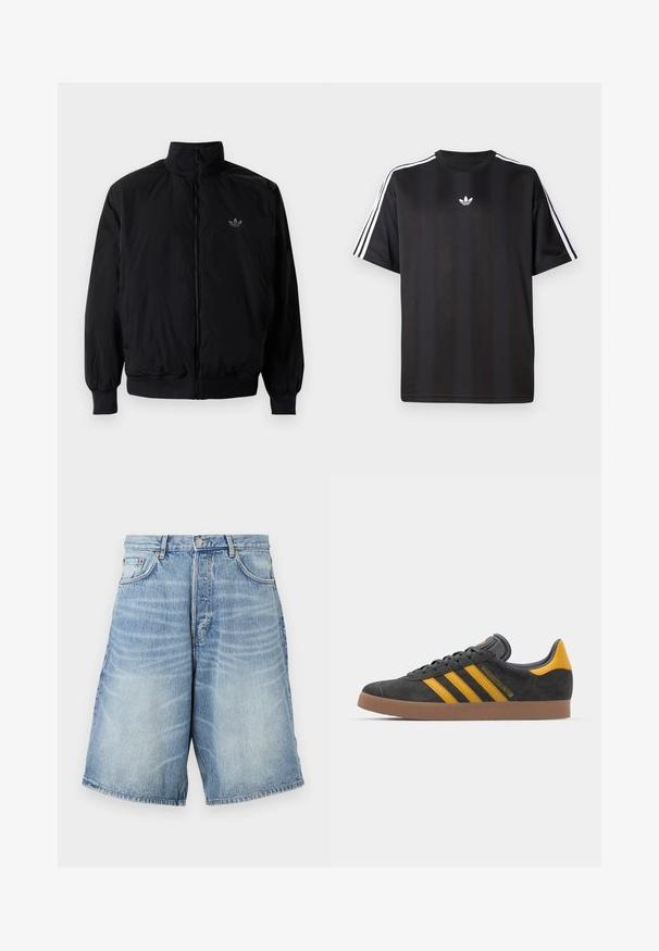Giacca nera con zip e colletto alto, realizzata in materiale leggero. Presenta polsini e vita elastici, con un piccolo logo in alto a sinistra.; Maglietta nera a maniche corte con dettagli bianchi a tre strisce sulle spalle e un piccolo logo bianco sul petto. Tessuto dalla texture liscia.; Shorts in denim di blu chiaro con un effetto sbiadito. Presentano una vita con bottoni, passanti per cintura e due tasche frontali.; Sneaker in suede nero con dettagli gialli, dotato di tre strisce e una suola in gomma marrone. Include una linguetta imbottita per il comfort.