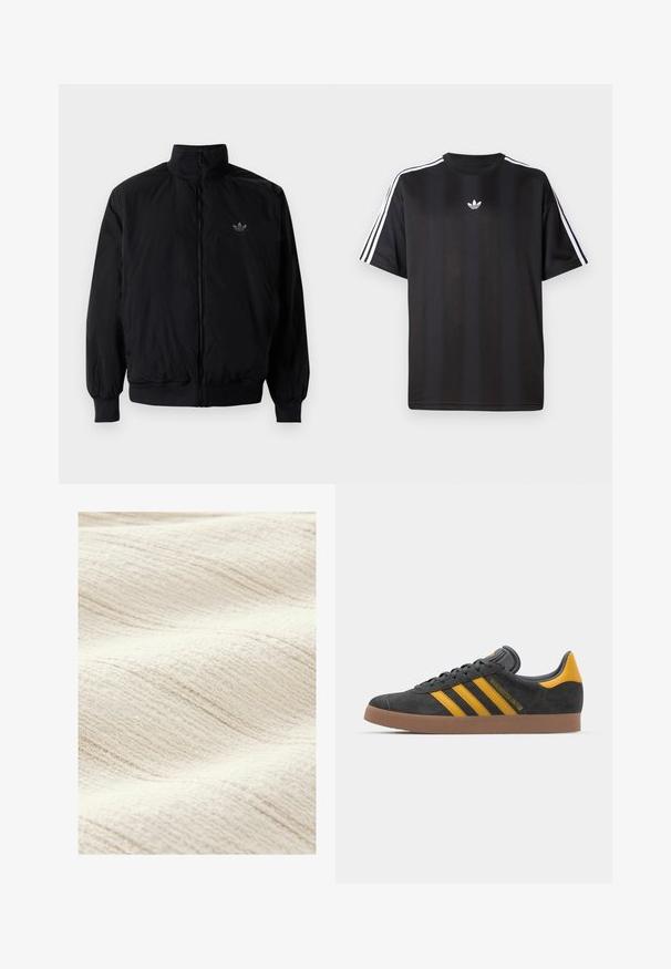 Black zipped jacket with high collar, made of lightweight material. Features elastic cuffs and waistband, with a small logo on the upper left.; Black short-sleeve t-shirt with white three-stripe detailing on shoulders and a small white logo on the chest. Smooth fabric texture.; Textured, off-white fabric with a subtle wave pattern. The surface appears soft, featuring fine, uneven lines for added depth.; Black suede sneaker with yellow accents, featuring three stripes and a brown rubber sole. Includes a padded tongue for comfort.