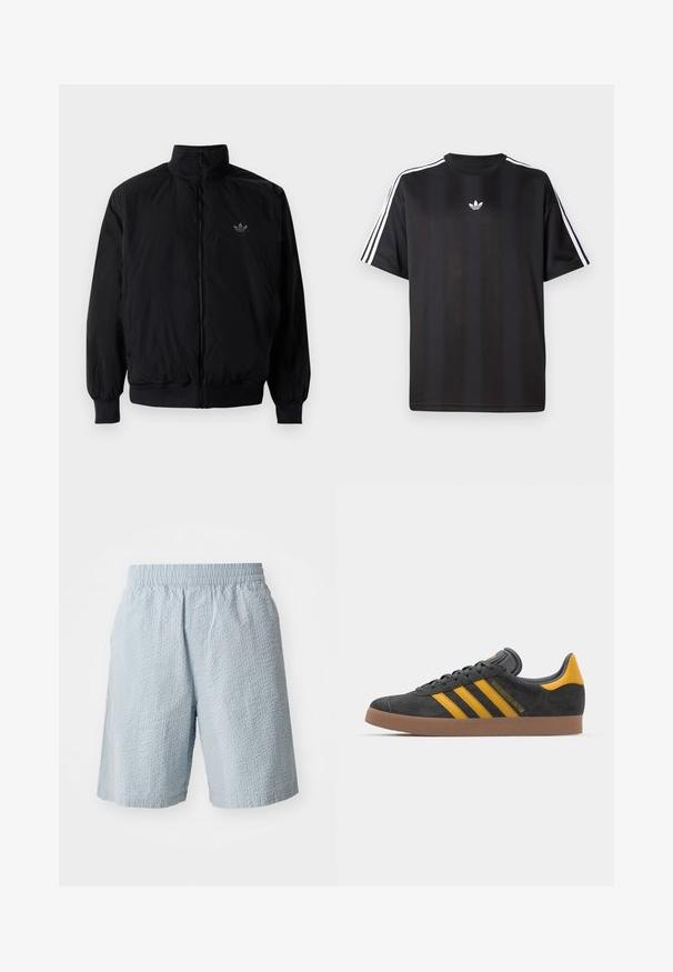 Musta vetoketjullinen takki, jossa on korkea kaulus, valmistettu kevyestä materiaalista. Varustettu joustavilla hihoilla ja vyötäröllä, ja ylävasemmalla on pieni logo.; Musta lyhythihainen T-paita, jossa valkoiset kolmioviivain yksityiskohdat hartioissa ja pieni valkoinen logo rinnassa. Silkkinen kangastuntuma.; Vaaleansiniset shortsit, joissa on teksturoitu kangas, joustava vyötärönauha ja sivutaskut. Suunnittelussa on tilava malli ja polven pituinen leikkaus.; Mustat samettiset tennarit, joissa on keltaisia yksityiskohtia, kolmonen raita ja ruskea kumipohja. Sisältää pehmustetun kielisen mukavuutta varten.