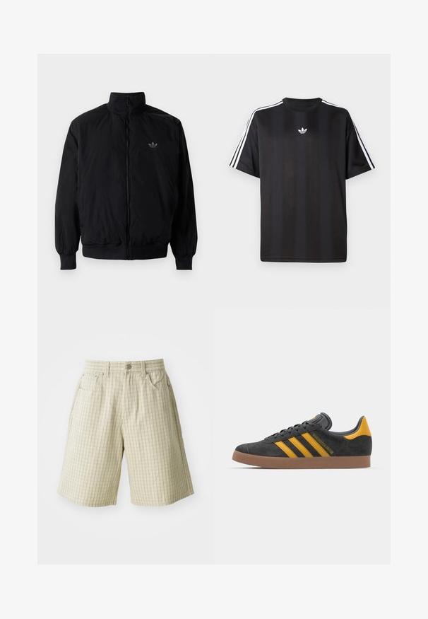 Černá zipová bunda s vysokým límcem, vyrobená z lehkého materiálu. Má elastické manžety a pas, s malým logem na horní levé straně.; Černé tričko s krátkým rukávem s bílými třemi pruhy na ramenou a malým bílým logem na hrudi. Hladká textilie.; Béžové kostkované šortky vyrobené z lehkého materiálu, s dvěma bočními kapsami, zapínáním na knoflík a volným střihem.; Černé semišové tenisky se žlutými akcenty, vybavené třemi pruhy a hnědou gumovou podrážkou. Obsahují polstrovaný jazyk pro pohodlí.