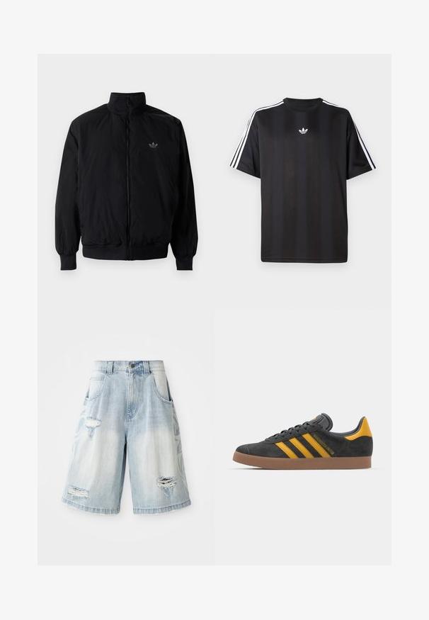 Crna jakna na zip s visokim ovratnikom, izrađena od laganog materijala. Ima elastične manžete i pojas, s malim logotipom na gornjem lijevom dijelu.; Crna majica kratkih rukava s bijelim trostrukim detaljima na ramenima i malim bijelim logotipom na prsima. Glatka tekstura tkanine.; Kratke traperice u svijetloplavoj boji, s izvaljenim detaljima i rupama. Labav kroj s običnom pasicom i prednjim džepovima.; Crne nubuk tenisice s žutim detaljima, sa tri pruge i smešnim gumenim potplatom. Imaju jastučić na jeziku za udobnost.