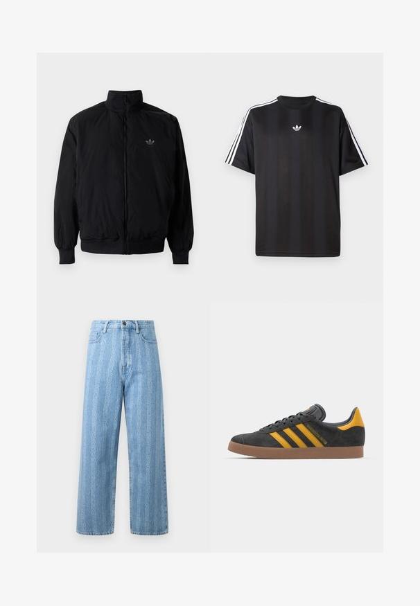 Giacca nera con zip e colletto alto, realizzata in materiale leggero. Presenta polsini e vita elastici, con un piccolo logo in alto a sinistra.; Maglietta nera a maniche corte con dettagli bianchi a tre strisce sulle spalle e un piccolo logo bianco sul petto. Tessuto dalla texture liscia.; Jeans in denim azzurro chiaro con design a gamba larga, caratterizzati da un motivo a catena ripetuto. Stile classico a cinque tasche e dettaglio con bottone in metallo.; Sneaker in suede nero con dettagli gialli, dotato di tre strisce e una suola in gomma marrone. Include una linguetta imbottita per il comfort.