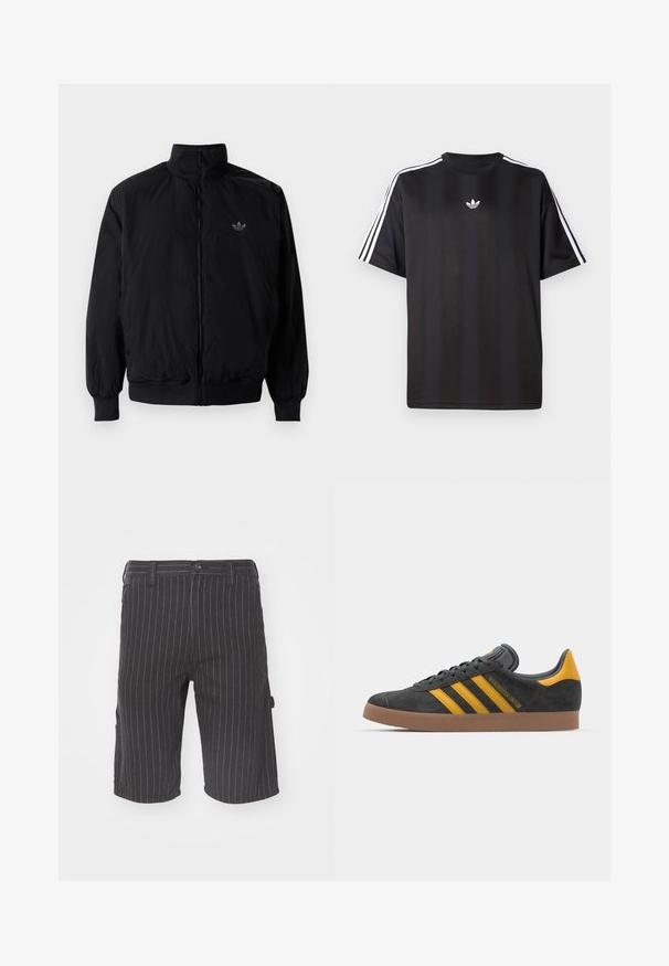 Crna jakna na zip s visokim ovratnikom, izrađena od laganog materijala. Ima elastične manžete i pojas, s malim logotipom na gornjem lijevom dijelu.; Crna majica kratkih rukava s bijelim trostrukim detaljima na ramenima i malim bijelim logotipom na prsima. Glatka tekstura tkanine.; Crne kratke hlače s prugicama, ravnog kroja, s kopčanjem na gumb i bočnim džepovima, izrađene od teksturirane mješavine pamuka.; Crne nubuk tenisice s žutim detaljima, sa tri pruge i smešnim gumenim potplatom. Imaju jastučić na jeziku za udobnost.