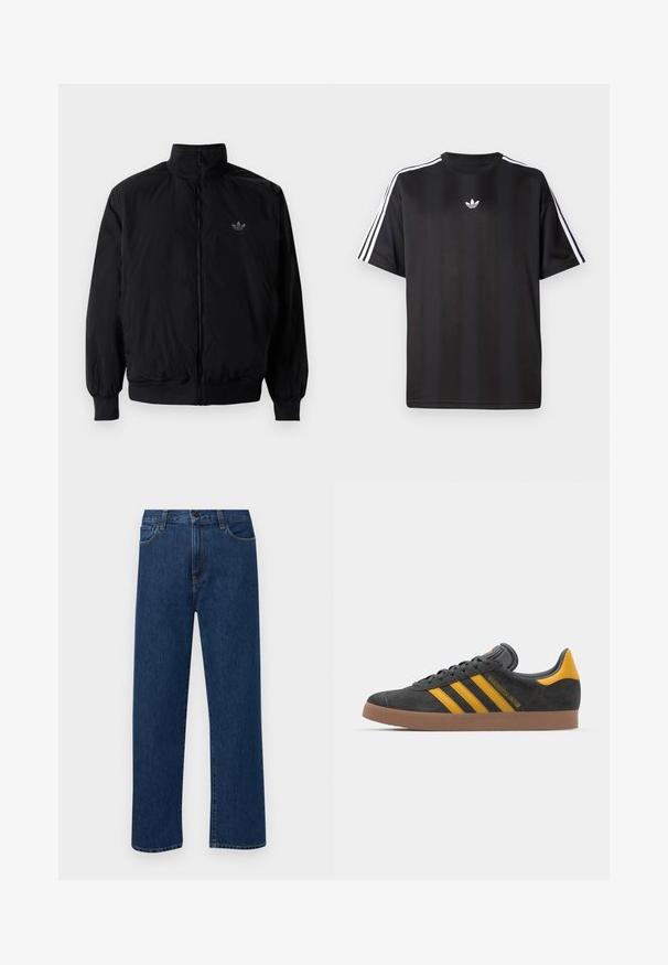 Black zipped jacket with high collar, made of lightweight material. Features elastic cuffs and waistband, with a small logo on the upper left.; Black short-sleeve t-shirt with white three-stripe detailing on shoulders and a small white logo on the chest. Smooth fabric texture.; Dark blue straight-leg denim jeans with front pockets and a button closure, displayed on a plain white background.; Black suede sneaker with yellow accents, featuring three stripes and a brown rubber sole. Includes a padded tongue for comfort.