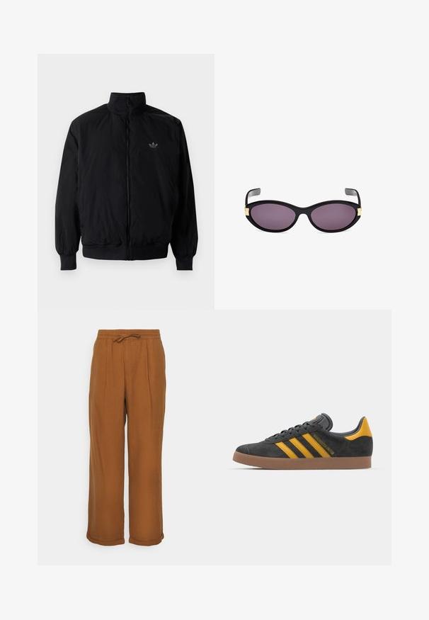 Black zipped jacket with high collar, made of lightweight material. Features elastic cuffs and waistband, with a small logo on the upper left.; Black short-sleeve t-shirt with white three-stripe detailing on shoulders and a small white logo on the chest. Smooth fabric texture.; Brown linen pants with a loose fit, elastic waistband, drawstring tie, and two front pleats for added texture. Rolled cuffs at the hem.; Black suede sneaker with yellow accents, featuring three stripes and a brown rubber sole. Includes a padded tongue for comfort.; Black cat-eye sunglasses with purple lenses. Features gold accents near the temples. Smooth plastic frame with a glossy finish.