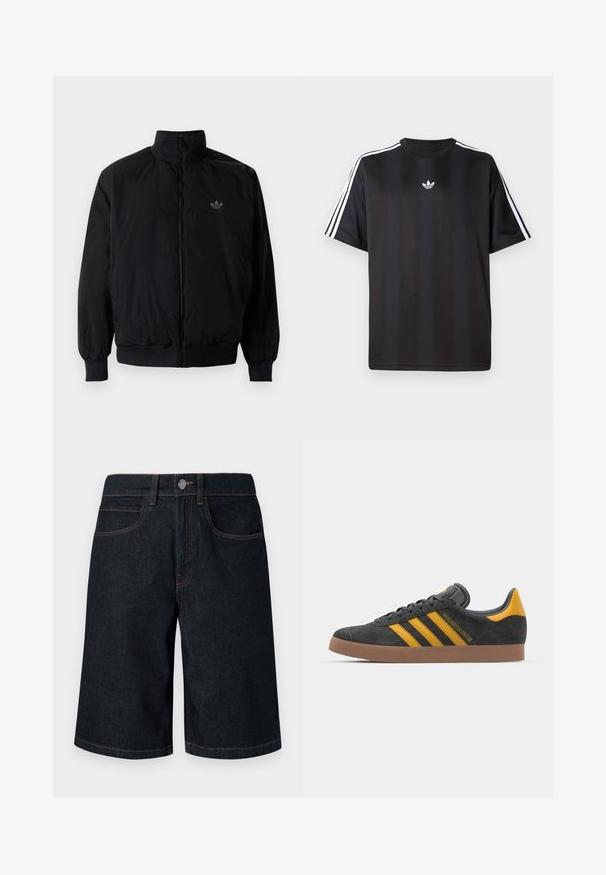 Svart zipjacka med hög krage, tillverkad av lätt material. Har elastiska cuffar och midja, med en liten logo på övre vänster.; Svart t-shirt med kort ärm och vita tre-randiga detaljer på axlarna samt en liten vit logotyp på bröstet. Slät tygtextur.; Mörka denimshorts med rak skärning, som har fem fickor, orange sömmar och en metallknappstängning i midjan.; Svart mockaskor med gula accenter, med tre ränder och en brun gummisula. Inkluderar en vadderad tunga för extra komfort.