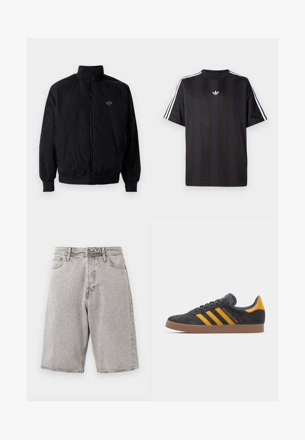 Czarna kurtka zapinana na zamek z wysokim kołnierzem, wykonana z lekkiego materiału. Posiada elastyczne mankiety i pas, oraz małe logo na górnej lewej stronie.; Czarna koszulka z krótkim rękawem z białymi, trzema paskami na ramionach oraz małym białym logotypem na klatce piersiowej. Gładka tekstura materiału.; Szare dżinsowe szorty o luźnym kroju, z wysokim stanem, pięcioma kieszeniami i widocznym przeszyciem, oferujące teksturowane wykończenie.; Czarne zamszowe sneakersy z żółtymi akcentami, z trzema paskami i brązową gumową podeszwą. Posiadają wyściełany język dla większego komfortu.