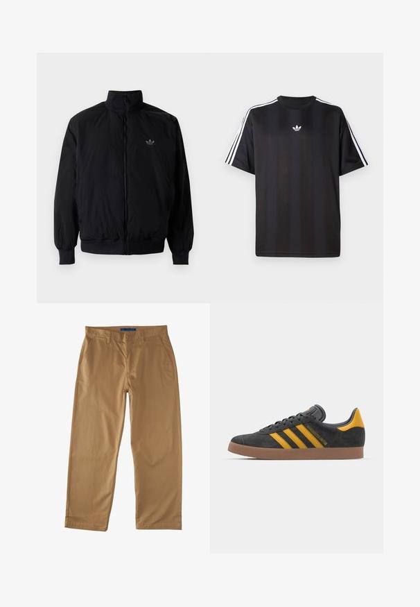 Musta vetoketjullinen takki, jossa on korkea kaulus, valmistettu kevyestä materiaalista. Varustettu joustavilla hihoilla ja vyötäröllä, ja ylävasemmalla on pieni logo.; Musta lyhythihainen T-paita, jossa valkoiset kolmioviivain yksityiskohdat hartioissa ja pieni valkoinen logo rinnassa. Silkkinen kangastuntuma.; Beige puuvillaiset chinot suoran lahkeen muotoilulla, joissa on kaksi etutaskua, takatasku ja nappikiinnitys. Sujuva pinta.; Mustat samettiset tennarit, joissa on keltaisia yksityiskohtia, kolmonen raita ja ruskea kumipohja. Sisältää pehmustetun kielisen mukavuutta varten.