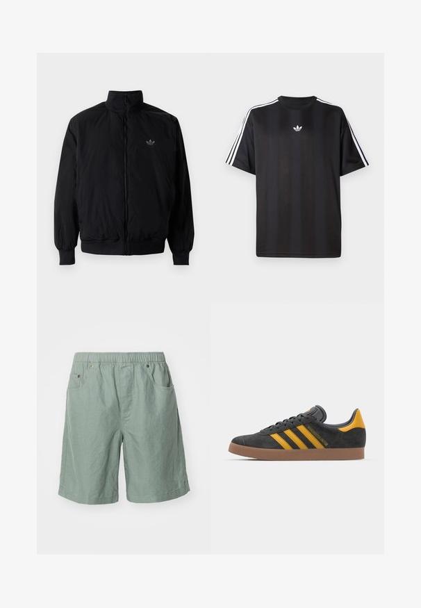 Black zipped jacket with high collar, made of lightweight material. Features elastic cuffs and waistband, with a small logo on the upper left.; Black short-sleeve t-shirt with white three-stripe detailing on shoulders and a small white logo on the chest. Smooth fabric texture.; Light green shorts made of textured fabric with an elastic waistband, featuring two side pockets and minimal stitching details.; Black suede sneaker with yellow accents, featuring three stripes and a brown rubber sole. Includes a padded tongue for comfort.
