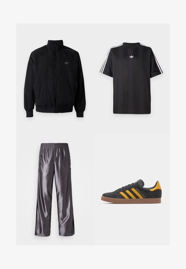 Černá zipová bunda s vysokým límcem, vyrobená z lehkého materiálu. Má elastické manžety a pas, s malým logem na horní levé straně.; Černé tričko s krátkým rukávem s bílými třemi pruhy na ramenou a malým bílým logem na hrudi. Hladká textilie.; Šedé lesklé sportovní kalhoty volného střihu, s elastickým pasem a černými bočními akcenty. Textura se jeví jako hladká a jemná.; Černé semišové tenisky se žlutými akcenty, vybavené třemi pruhy a hnědou gumovou podrážkou. Obsahují polstrovaný jazyk pro pohodlí.
