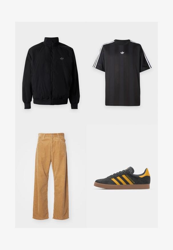 Black zipped jacket with high collar, made of lightweight material. Features elastic cuffs and waistband, with a small logo on the upper left.; Black short-sleeve t-shirt with white three-stripe detailing on shoulders and a small white logo on the chest. Smooth fabric texture.; Corduroy wide-leg pants in a tan color. Features textured, vertical ridges, with a standard waistband and two front pockets.; Black suede sneaker with yellow accents, featuring three stripes and a brown rubber sole. Includes a padded tongue for comfort.