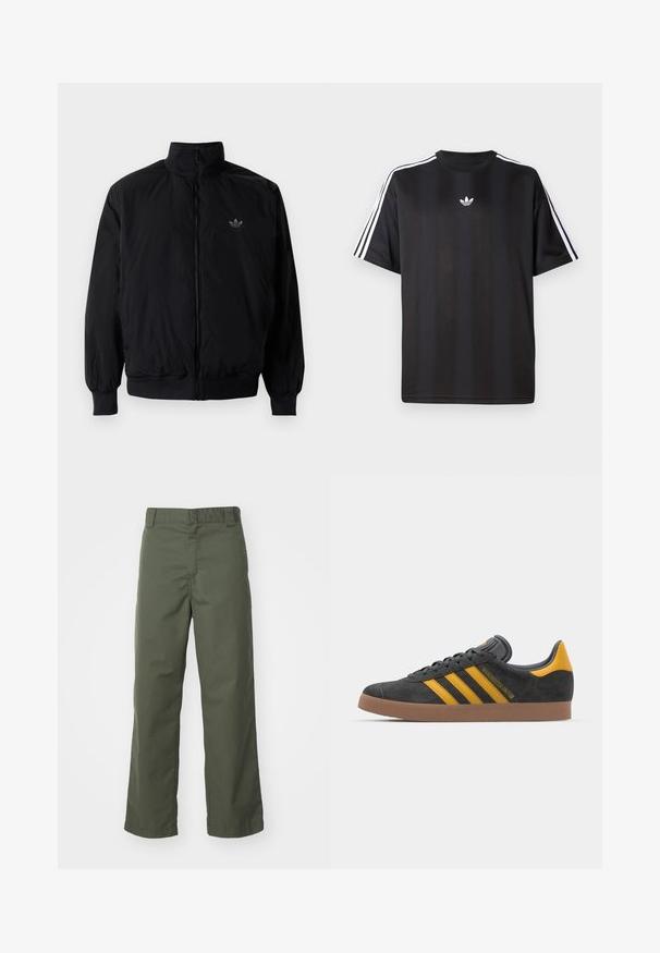 Sort lynlåsjakke med høj krave, fremstillet af letvægtsmateriale. Har elastiske manchetter og talje, med et lille logo på øverste venstre side.; Sort kortærmet t-shirt med hvid tre-stribe detaljer på skuldrene og et lille hvidt logo på brystet. Glat stofstruktur.; Olivengrønne straight-leg bukser lavet af bomuld. Har en glat overflade, flad front og standard talje med bæltestropper.; Sort suedet sneaker med gule accenter, der har tre striber og en brun gummisål. Inkluderer en polstret tunge for komfort.