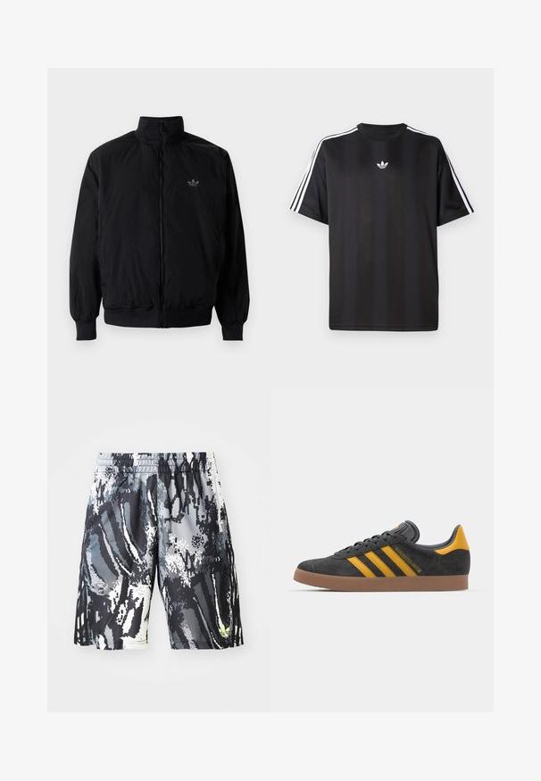 Crna jakna na zip s visokim ovratnikom, izrađena od laganog materijala. Ima elastične manžete i pojas, s malim logotipom na gornjem lijevom dijelu.; Crna majica kratkih rukava s bijelim trostrukim detaljima na ramenima i malim bijelim logotipom na prsima. Glatka tekstura tkanine.; Crne i sivo uzorke sportske kratke hlače s rastezljivim pojasom, s digitalnim apstraktnim dizajnom i malim neon akcentom.; Crne nubuk tenisice s žutim detaljima, sa tri pruge i smešnim gumenim potplatom. Imaju jastučić na jeziku za udobnost.