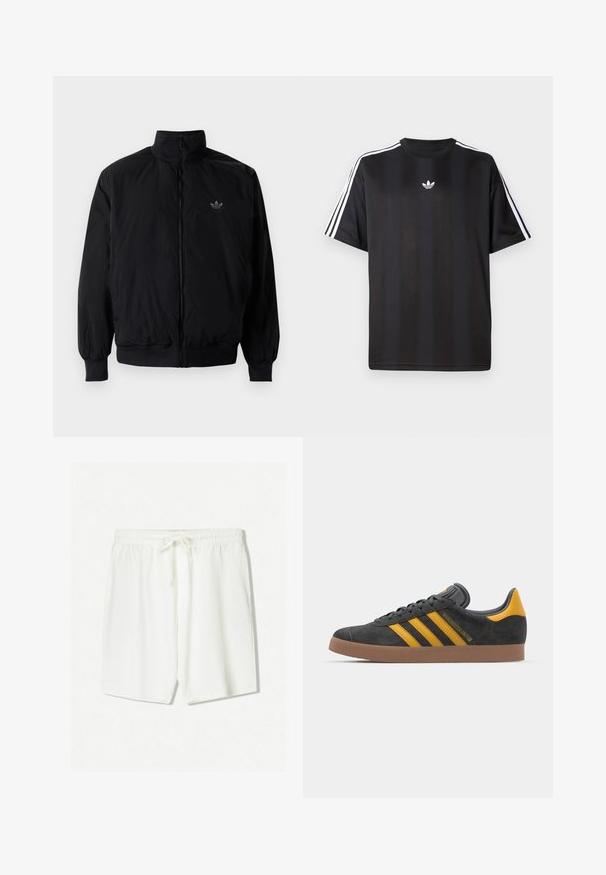 Black zipped jacket with high collar, made of lightweight material. Features elastic cuffs and waistband, with a small logo on the upper left.; Black short-sleeve t-shirt with white three-stripe detailing on shoulders and a small white logo on the chest. Smooth fabric texture.; White athletic shorts made of lightweight fabric, featuring an elastic waistband with a drawstring and side pockets. Smooth texture.; Black suede sneaker with yellow accents, featuring three stripes and a brown rubber sole. Includes a padded tongue for comfort.