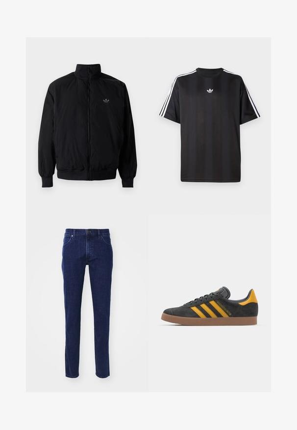 Crna jakna na zip s visokim ovratnikom, izrađena od laganog materijala. Ima elastične manžete i pojas, s malim logotipom na gornjem lijevom dijelu.; Crna majica kratkih rukava s bijelim trostrukim detaljima na ramenima i malim bijelim logotipom na prsima. Glatka tekstura tkanine.; Tamno plave traperice s ravnim nogavicama, s prednjim dugmadi za zatvaranje i pet džepova za odlaganje. Klasične šavove.; Crne nubuk tenisice s žutim detaljima, sa tri pruge i smešnim gumenim potplatom. Imaju jastučić na jeziku za udobnost.