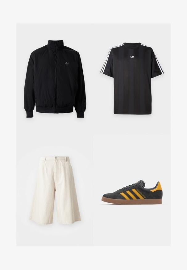 Schwarze Jacke mit Reißverschluss und hohem Kragen, aus leichtem Material gefertigt. Verfügt über elastische Bündchen und einen elastischen Saum, mit einem kleinen Logo oben links.; Schwarzes T-Shirt mit kurzen Ärmeln und weißen drei Streifen an den Schultern sowie einem kleinen weißen Logo auf der Brust. Glatte Stofftextur.; Beige weite Shorts aus Baumwolle mit geradem Schnitt, frontalen Taschen und sichtbarem Knopfverschluss am Bund.; Schwarze Wildledersneaker mit gelben Akzenten, ausgestattet mit drei Streifen und einer braunen Gummisohle. Enthält eine gepolsterte Zunge für zusätzlichen Komfort.