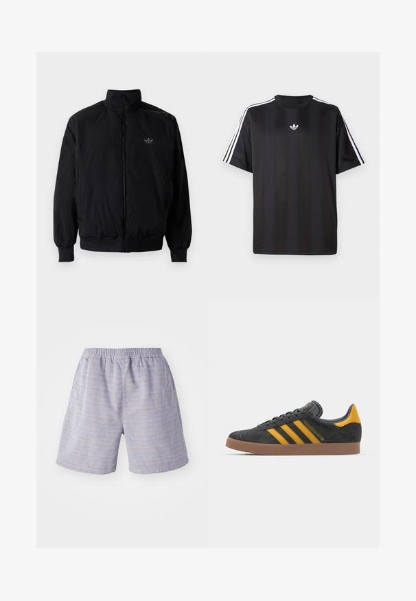 Sort lynlåsjakke med høj krave, fremstillet af letvægtsmateriale. Har elastiske manchetter og talje, med et lille logo på øverste venstre side.; Sort kortærmet t-shirt med hvid tre-stribe detaljer på skuldrene og et lille hvidt logo på brystet. Glat stofstruktur.; Lyseblå stribede shorts med elastisk talje, lavet af et blødt stof. Har sidelommer og en afslappet pasform, ideel til afslappet brug.; Sort suedet sneaker med gule accenter, der har tre striber og en brun gummisål. Inkluderer en polstret tunge for komfort.