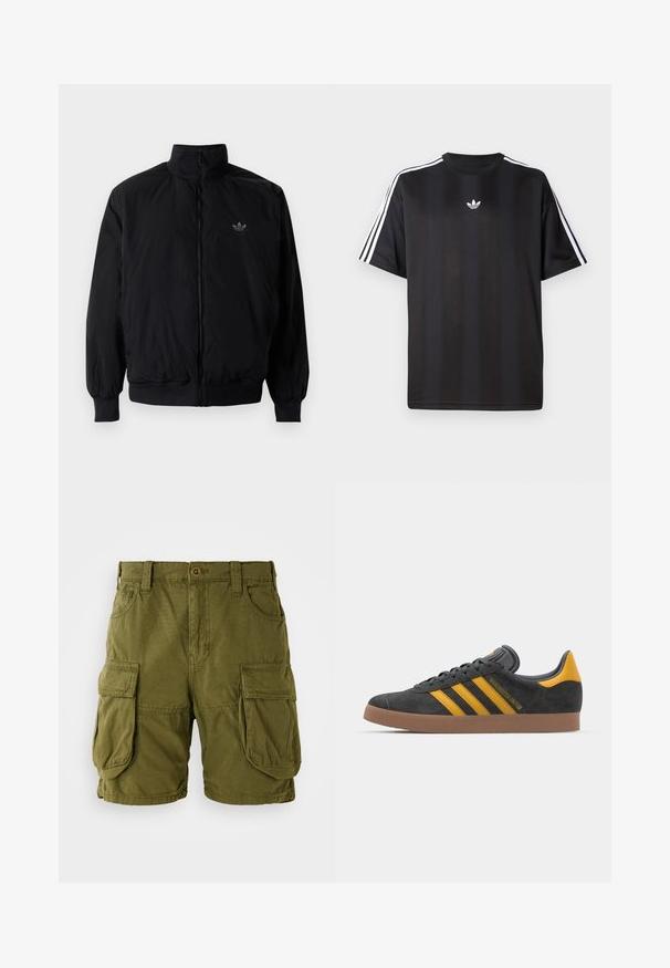 Black zipped jacket with high collar, made of lightweight material. Features elastic cuffs and waistband, with a small logo on the upper left.; Black short-sleeve t-shirt with white three-stripe detailing on shoulders and a small white logo on the chest. Smooth fabric texture.; Olive green cargo shorts made of cotton blend. Features two large side pockets and a button closure with belt loops. Smooth texture.; Black suede sneaker with yellow accents, featuring three stripes and a brown rubber sole. Includes a padded tongue for comfort.