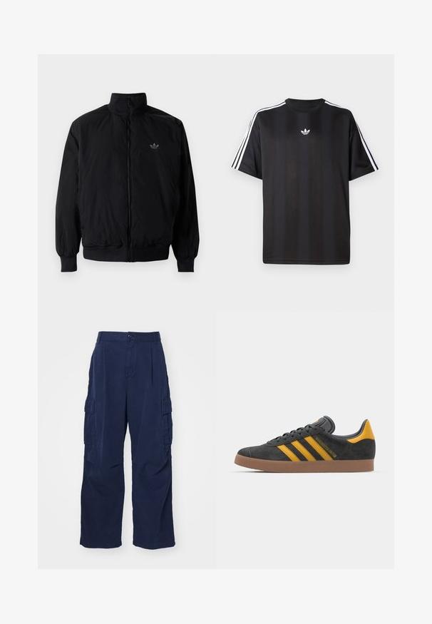 Czarna kurtka zapinana na zamek z wysokim kołnierzem, wykonana z lekkiego materiału. Posiada elastyczne mankiety i pas, oraz małe logo na górnej lewej stronie.; Czarna koszulka z krótkim rękawem z białymi, trzema paskami na ramionach oraz małym białym logotypem na klatce piersiowej. Gładka tekstura materiału.; Granatowe spodnie cargo wykonane z bawełny o luźnym kroju. Posiadają dwie boczne kieszenie oraz zapięcie na guzik w talii. Gładka tekstura i proste nogawki.; Czarne zamszowe sneakersy z żółtymi akcentami, z trzema paskami i brązową gumową podeszwą. Posiadają wyściełany język dla większego komfortu.