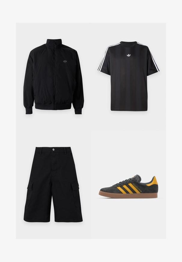 Black zipped jacket with high collar, made of lightweight material. Features elastic cuffs and waistband, with a small logo on the upper left.; Black short-sleeve t-shirt with white three-stripe detailing on shoulders and a small white logo on the chest. Smooth fabric texture.; Black cargo shorts made from durable fabric. Features two side pockets, a zipper fly, and a simple waistband with a metal button.; Black suede sneaker with yellow accents, featuring three stripes and a brown rubber sole. Includes a padded tongue for comfort.