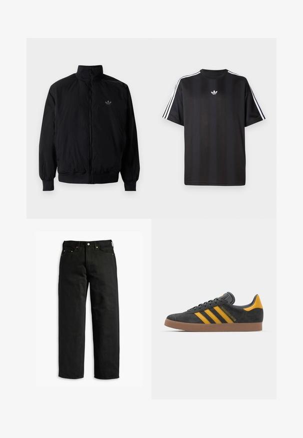 Black zipped jacket with high collar, made of lightweight material. Features elastic cuffs and waistband, with a small logo on the upper left.; Black short-sleeve t-shirt with white three-stripe detailing on shoulders and a small white logo on the chest. Smooth fabric texture.; Black denim jeans with a relaxed fit, featuring five pockets and copper rivets, flat waistband, and straight legs, smooth texture.; Black suede sneaker with yellow accents, featuring three stripes and a brown rubber sole. Includes a padded tongue for comfort.