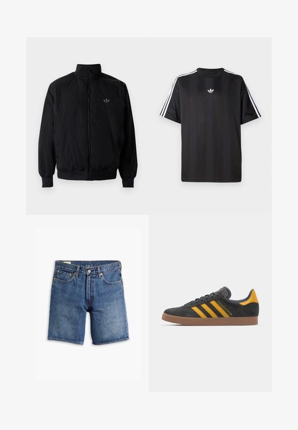 Black zipped jacket with high collar, made of lightweight material. Features elastic cuffs and waistband, with a small logo on the upper left.; Black short-sleeve t-shirt with white three-stripe detailing on shoulders and a small white logo on the chest. Smooth fabric texture.; Denim shorts in medium blue wash with a classic design. Features five pockets, belt loops, and copper-tone hardware. Distressed texture throughout.; Black suede sneaker with yellow accents, featuring three stripes and a brown rubber sole. Includes a padded tongue for comfort.