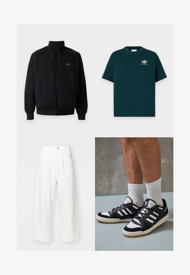 Black zipped jacket with high collar, made of lightweight material. Features elastic cuffs and waistband, with a small logo on the upper left.; Dark green cotton t-shirt with a round neckline, short sleeves, and a gold printed logo featuring three leaves and the word "BASKETBALL."; White wide-leg jeans made from denim, featuring a high waist, five pockets, and a button closure. Simple design with raw hem edges.; Black and white sneakers with a suede and leather upper, featuring three white stripes, a perforated toe, and a gum rubber sole.