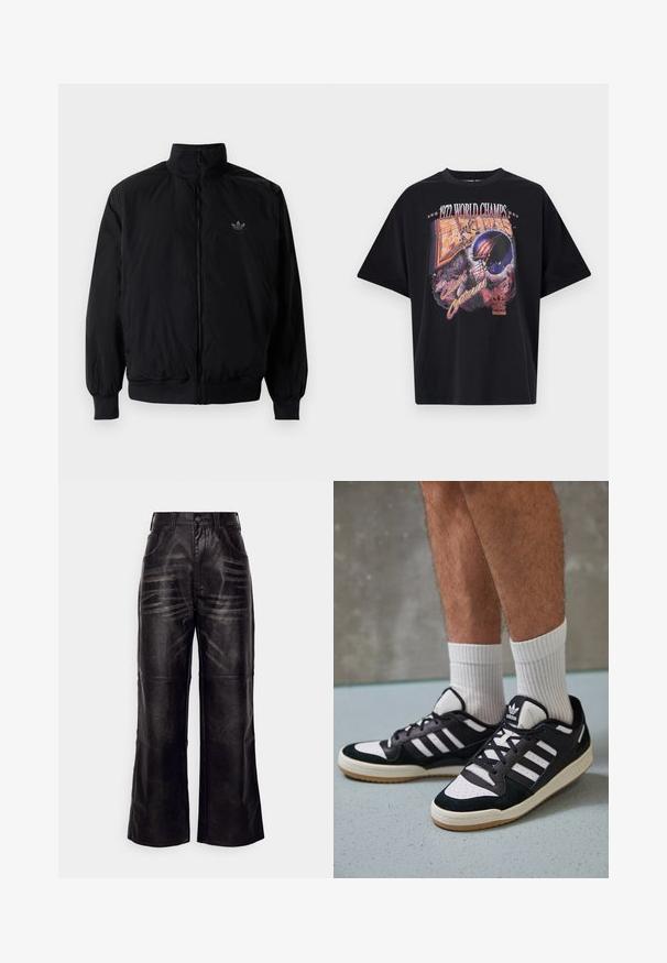 Crna jakna na zip s visokim ovratnikom, izrađena od laganog materijala. Ima elastične manžete i pojas, s malim logotipom na gornjem lijevom dijelu.; Crna pamučna majica s grafičkim printom koji prikazuje "1972. WORLD CHAMPS," dizajn kacige i "The Clash of Centuries" u živopisnim bojama.; Crne kožne hlače širokih nogavica s glatkom teksturom, prednjim džepovima, petljama za remen i suptilnim vertikalnim uzorcima na tkanini.; Crne i bijele tenisice s gornjim dijelom od antilopa i kože, s tri bijele pruge, perforiranim prstom i gumiranim potplatom.