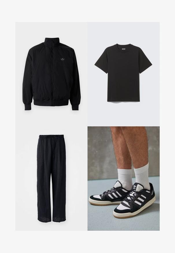 Schwarze Jacke mit Reißverschluss und hohem Kragen, aus leichtem Material gefertigt. Verfügt über elastische Bündchen und einen elastischen Saum, mit einem kleinen Logo oben links.; Schwarzes T-Shirt mit kurzen Ärmeln aus weicher Baumwolle, mit rundem Ausschnitt und einfachem Design ohne Muster oder Akzente.; Schwarze Leinen-Hosen mit weitem Bein, elastischem Taillenband und lockerer Passform. Glatte Textur, keine sichtbaren Muster oder Hardware-Details.; Schwarz-weiße Sneaker mit einem Obermaterial aus Wildleder und Leder, ausgestattet mit drei weißen Streifen, einer perforierten Zehenpartie und einer Sohle aus Gummi.